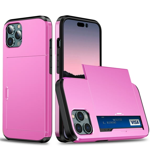 for iPhone 12 / 12 Pro Wallet Case with Sliding Door Hidden Pocket Credit Card Holder Dual Layer Heavy Duty Shockproof Hard PC Hybrid TPU Phone Flip Protective Cover for iPhone 12 / 12 Pro, Pink