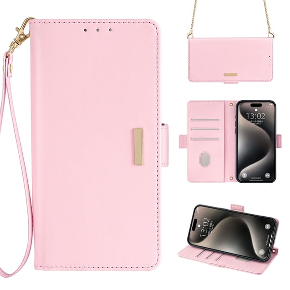 for iPhone 12/12 Pro Wallet Flip Case, Elegant Wrist Strap and Shoulder Chain Credit Card Slots Cash Slot RFID Blocking PU Leather Kickstand Phone Case Cover for iPhone 12/12 Pro, Pink