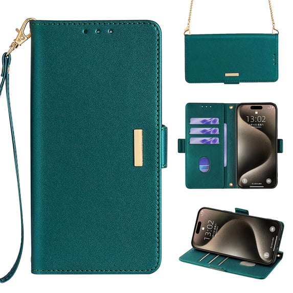 for iPhone 12/12 Pro Wallet Flip Case, Elegant Wrist Strap and Shoulder Chain Credit Card Slots Cash Slot RFID Blocking PU Leather Kickstand Phone Case Cover for iPhone 12/12 Pro, Green