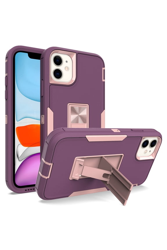 iPhone 12 2020 Case with Built-in Kickstand, Allytech Hard PC + Soft TPU Dual Layer Shockproof Rugged Anti-Slip Supports Magnetic Car Mount Anti-Scratch Cover for iPhone 12 6.1", Purple+Rosegold
