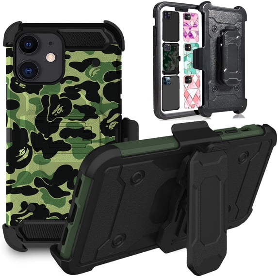 iPhone 12 6.1" 2020 A2172 A2402 A2341 A2406 A2404 A2403 A2408 A2407 Heavy Duty Military Print Belt Clip Rugged Cover - Military Moss(with Holster)