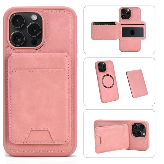 for iPhone 12 Back Case with Detachable Magnetic Card Bag, Classic PU Leather Kickstand Ultra Slim Shockproof Protective Anti-slip Business Phone Case for iPhone 12, Pink