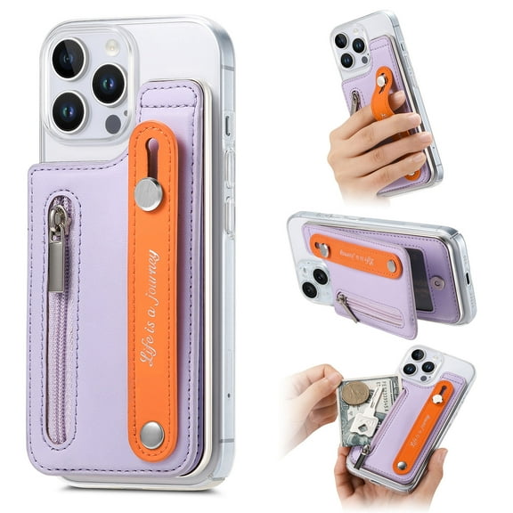 for iPhone 12 Back Wallet Case with Card Holder Zipper Pocket, Wristband Flip Kickstand, RFID Blocking Secure Hand Grip PU Leather Shockproof Clear Phone Cover for iPhone 12, Purple