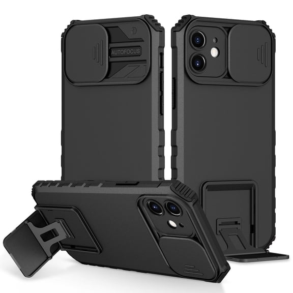 for iPhone 12 Case 2020, for iPhone 12 Phone Case with Slide Camera Cover Built-in Kickstand Dual Layer Hybrid Shockproof Case for iPhone 12 6.1", Black