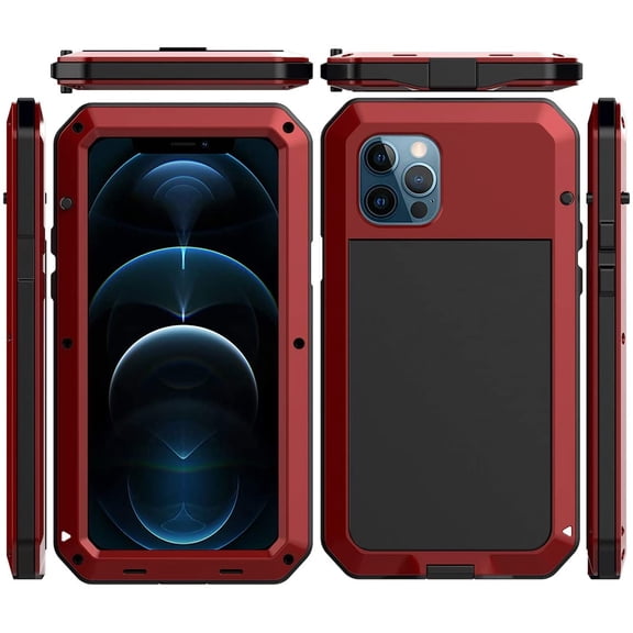 for iPhone 12 Case, 360 Full Body Protective Heavy Duty Shockproof [Tough Armour] Aluminum Alloy Metal Case with Silicone Built-in Screen Protector for Apple iPhone 12 Pro 6.1 Inch - Red