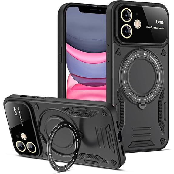 for iPhone 12 Case with 360° Rotatable Invisible Ring Stand, Large Window Design Compatible with Magsafe, -Grade Protection Shockproof Phone Cover for Women Men, Black