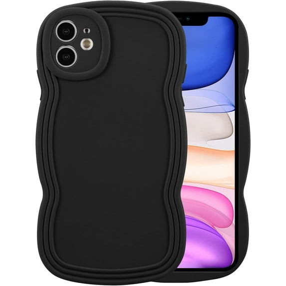 for iPhone 12 Case 6.1 Inch Curly Wave Frame Phone Case Cute Design Color Aesthetic Phone Case Soft TPU Shockproof Protective Bumper Case Cover for Girls, Black