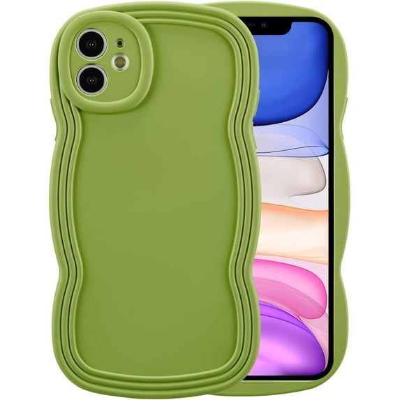 for iPhone 12 Case 6.1 Inch Curly Wave Frame Phone Case Cute Design Color Aesthetic Phone Case Soft TPU Shockproof Protective Bumper Case Cover for Girls, Green