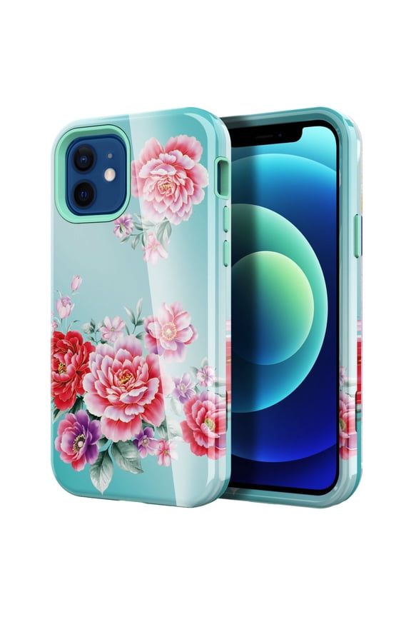 iPhone 12 Case 6.1", iPhone 12 Pro Case 6.1 Inch, Stylish Case with Tempered Glass Screen Protector - Lightweight Plastic and Silicone Back Cover Shockproof Protective Cell Phone Case (Red Peony)