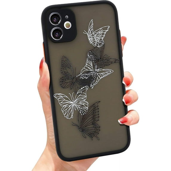 for iPhone 12 Case, Aesthetic Black White Butterfly Translucent Matte TPU Bumper Cover Cute Animal Print Pattern Design Women Girls Teen, Hard PC Back Clear Protective Phone Skin
