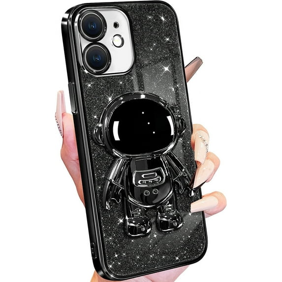 for iPhone 12 Case Astronaut, Clear Cases for iPhone 12 with Glitter Paper & Spaceman Stand, Women Girls Cute Electroplated Sparkly Space Phone Cover for 12 Black