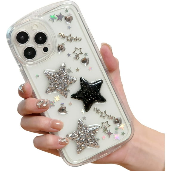 for iPhone 12 Case Bling Stars 3D Hearts Diamond Twinkle Star Glitter Y2K Spark Luxury Girly Aesthetic Personalized Design for Women Girls Teens Soft Transparent TPU Case, 6.1", Clear