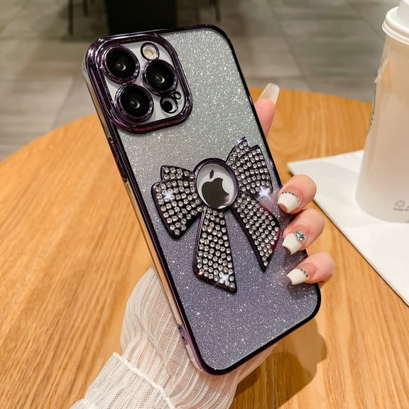for iPhone 12 Case Bowknot Glitter Rhinestone Bling Plating Luxury Women Girl, Shine Diamond Case for iPhone 12 6.1" 2020 Protective Cover, Clear Gradient Purple
