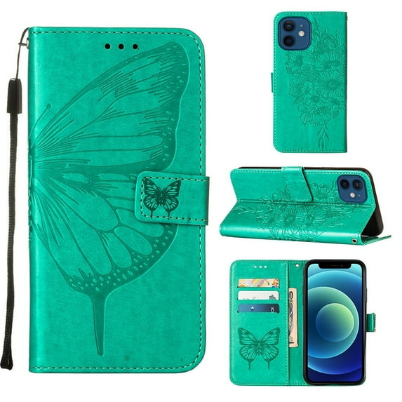 iPhone 12 Case, Butterfly Patterned Wallet Case, Magnetic Folio Faux Leather with Wrist Strap Credit Card Holder Slots Kickstand Protective Cover For iPhone 12, Green