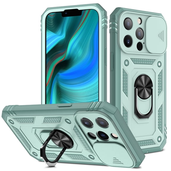 for iPhone 12 Case with Camera Cover, 360° Rotate Ring Stand Impact-Resistant Shockproof Protective Bumper Car Mount Magnetic Armor Military Drop Protection Heavy Duty Case, Green