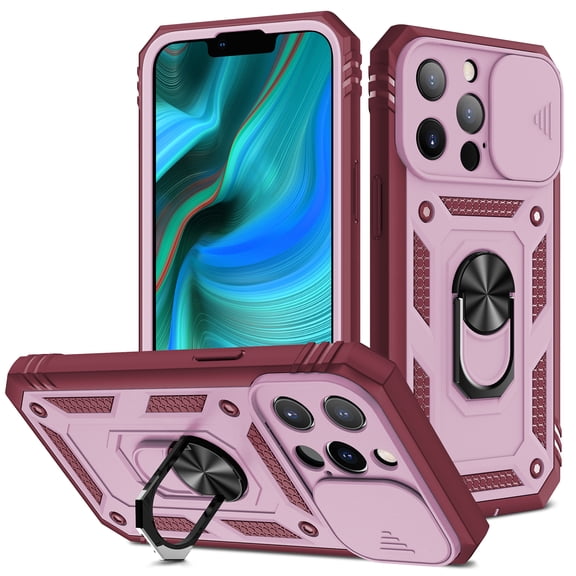 for iPhone 12 Case with Camera Cover, 360° Rotate Ring Stand Impact-Resistant Shockproof Protective Bumper Car Mount Magnetic Armor Military Drop Protection Heavy Duty Case, Pink+Red
