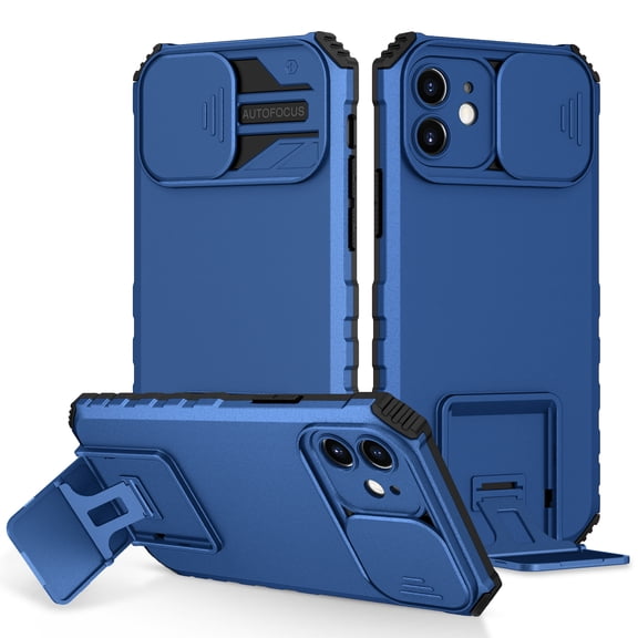 for iPhone 12 Case with Camera Lens Slide Protection, Armour Silicone TPU Bumper Tough PC Cover with Kickstand, Military Shockproof Absorption Protective Case for iPhone 12,
Blue