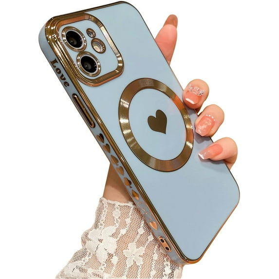 for iPhone 12 Case Compatible with MagSafe, Luxury Love Heart Soft Phone Case, Full Camera Lens Protection Magnetic Case for iPhone 12 for Women Girls (6.1") - Light Blue