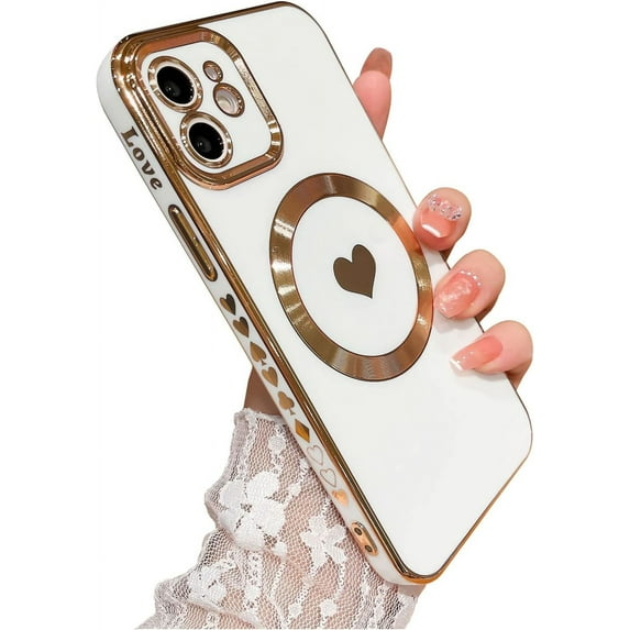 for iPhone 12 Case Compatible with MagSafe, Luxury Love Heart Soft Phone Case, Full Camera Lens Protection Magnetic Case for iPhone 12 for Women Girls (6.1") - White