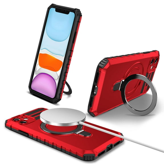 for iPhone 12 Case [Compatible with MagSafe] [Military-Grade Protection], Shockproof Protective Slim Invisible Kickstand Car Mount Magnetic Armor Cover For iPhone 12, Red