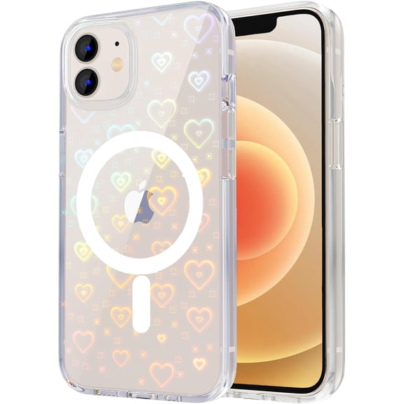 for iPhone 12 Case Compatible MagSafe, iPhone 12 Pro Case, Clear Glitter Cute Laser Holographic Love Heart Pattern for Women Girls, Anti-Scratch Hard PC Protective Phone Cover, Rainbow Heart