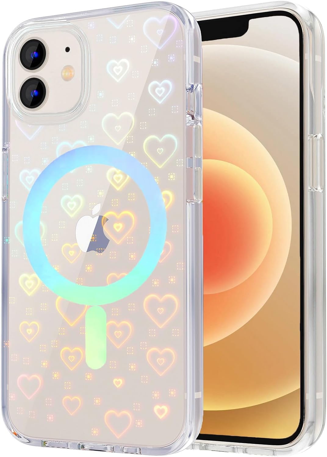 for iPhone 12 Case Compatible MagSafe, iPhone 12 Pro Case, Clear Glitter  Cute Laser Holographic Rainbow Love Heart Pattern for Women Girls, Hard PC  Protective Phone Cover,Magnetic Laser - Walmart.com, image size:1072x1500
