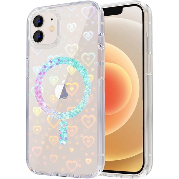 for iPhone 12 Case Compatible MagSafe, iPhone 12 Pro Case, Clear Glitter Cute Laser Holographic Rainbow Love Heart Pattern for Women Girls, Hard PC Protective Phone Cover, Star