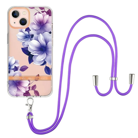 For iPhone 12 Case with Crossbody Lanyard, Cute Flower Patterned Shockproof Cover with Hybrid Soft Crystal TPU Bumper, Adjustable Shoulder Neck Girls Women For iPhone 12,Purple Begonia