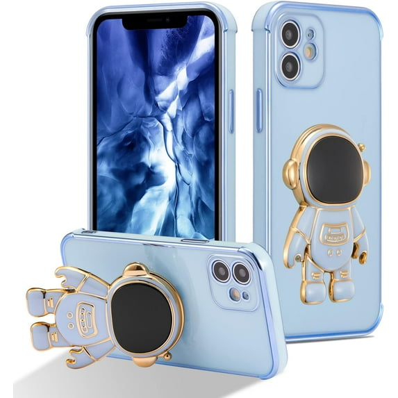 for iPhone 12 Case Cute 6D Astronaut Case with Stand Function Luxury Plating Case Cover Slim Fit Soft TPU Shockproof Bumper Protective Electroplated Case for Girls Boys,6.1 inch,Blue