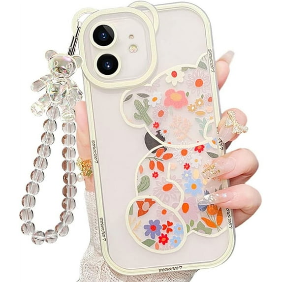 for iPhone 12 Case with Cute Flowers Bear Pattern, Camera Protector, Clear Case and Lovely Strap Bracelet Chain, Compatible for iPhone 12 for Girls Women (Clear)