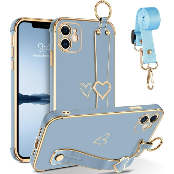 for iPhone 12 Case, Cute Heart Design Wristband Lanyard Cross Body Strap Electroplated Camera Protection Shockproof Protective Case Women Girls for iPhone 12 6.1"-Grey