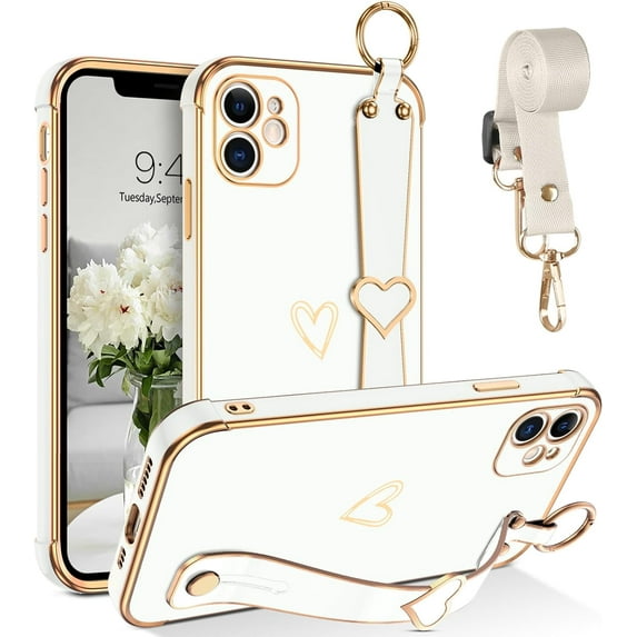 for iPhone 12 Case, Cute Heart Design Wristband Lanyard Cross Body Strap Electroplated Camera Protection Shockproof Protective Case Women Girls for iPhone 12 6.1"-White