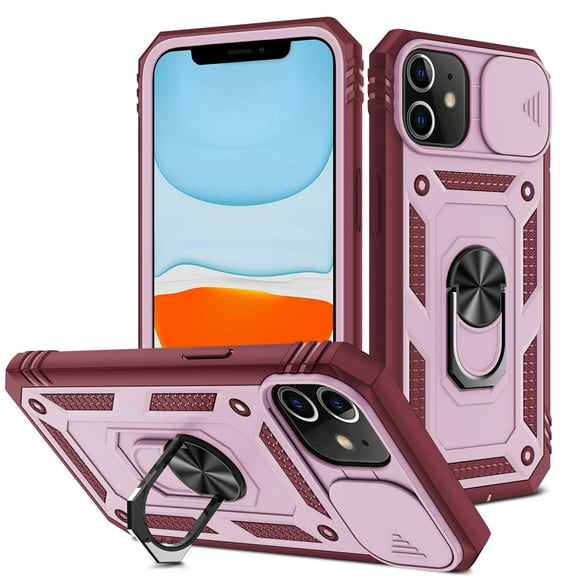iPhone 12 Case,Dteck Shockproof Rubber Slide Camera Lens Protection Hybrid PC Ring Holder Kickstand Card Slot Design Cover For Apple iPhone 12 6.1-inch,Pink