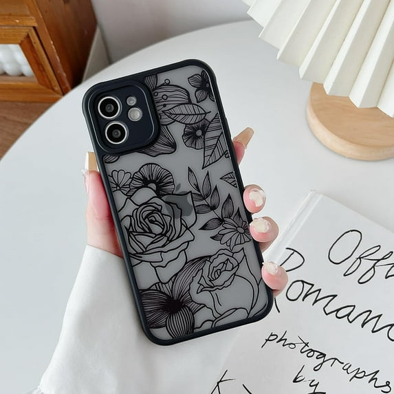 for iPhone 12 Case, Floral Rose Cute Phone Case for Women Girls Aesthetic Pattern Print Slim TPU Bumper Case Shockproof Protective Case for iPhone 12 6.1 Inch, Black