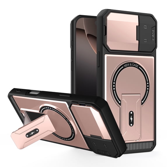 For iPhone 12 Case with Folded Camera Lens Cover, Magnetic Rugged Shockproof Bumper Kickstand Heavy-Duty Compatible with MagSafe Protective Cover For iPhone 12,Rosegold