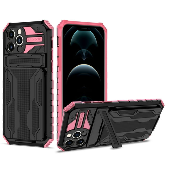 iPhone 12 Case, Heavy Duty Hybrid Rugged Dual Layer Shockproof Case with Stand Card Slot Protective Cover for Apple iPhone 12 6.1", Pink