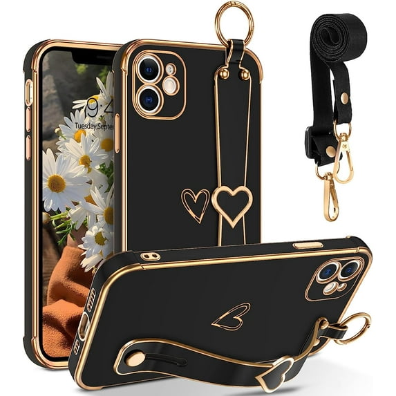iPhone 12 Case, Phone Case for iPhone 12, Cute Heart Wristband Lanyard Cross Body Strap Electroplated Camera Protection Shockproof Protective Case Women Girls for iPhone 12 6.1"-Black
