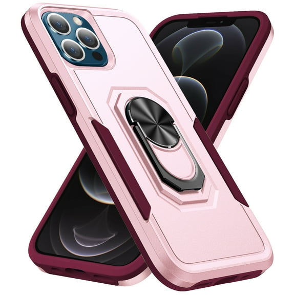 iPhone 12 Case, iPhone 12 Pro Case, 360 Rotate Ring Stand Rugged Lightweight Slim Impact-Resistant Full Body Shockproof Protective Bumper Case For iPhone 12 Pro / 12 6.1",Pink + Rose