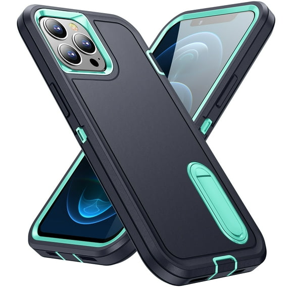 for iPhone 12 Case / iPhone 12 Pro Case Kickstand Durable 3-Layer Military Grade Protective Cover Hybrid Silicone Heavy Duty Rugged Shockproof Screen Lip Raised Protection Case, Darkblue+Mint