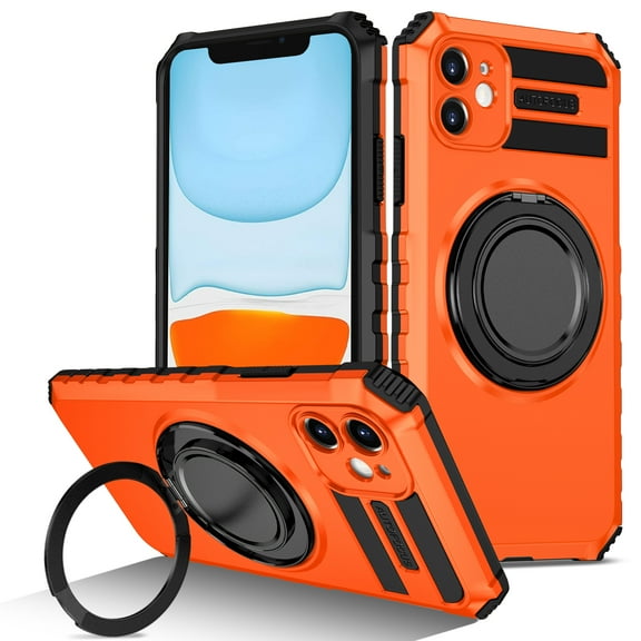 For iPhone 12 Case with Ring Stand,2-Layer Full Body Heavy Duty Shockproof Rugged,Non-Slip Protective Phone Case for iPhone 12,360°Rotatable Ring Holder Magnetic Kickstand,Orange