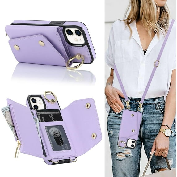 for iPhone 12 Case Wallet with Strap for Women,Crossbody Lanyard and Wristlet Strap,Zipper Pocket,Credit Card Holder,Ring Stand,RFID Blocking Phone Wallet Cases(6.1 inch,Purple)