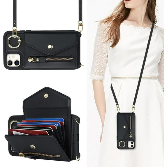 for iPhone 12 Case Wallet with Strap for Women - Crossbody Lanyard,Zipper Pocket,Credit Card Holder,Ring Stand - RFID Blocking Phone Wallet Case for iPhone 12 (6.1 inch,Black)