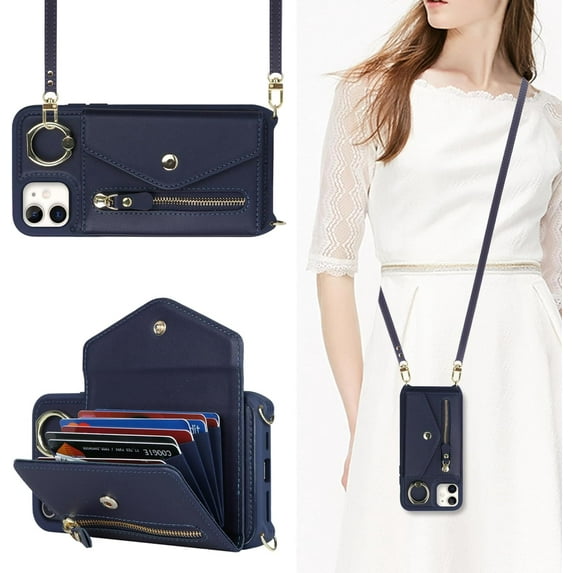 for iPhone 12 Case Wallet with Strap for Women - Crossbody Lanyard, Zipper Pocket, Credit Card Holder, Ring Stand - RFID Blocking Phone Wallet Case for iPhone 12 (6.1 inch,Dark Blue)