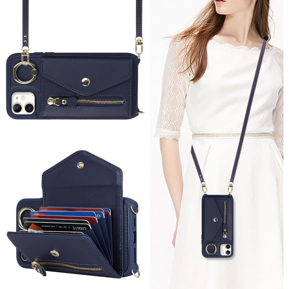 for iPhone 12 Case Wallet with Strap for Women - Crossbody Lanyard, Zipper Pocket, Credit Card Holder, Ring Stand - RFID Blocking Phone Wallet Case for iPhone 12 (6.1 inch,Dark Blue)