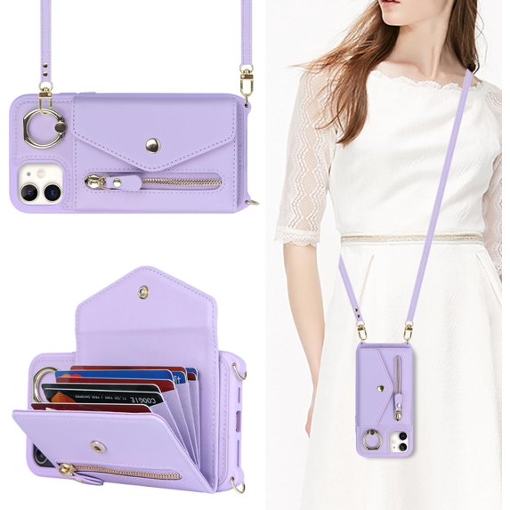 for iPhone 12 Case Wallet with Strap for Women - Crossbody Lanyard, Zipper Pocket, Credit Card Holder, Ring Stand - RFID Blocking Phone Wallet Case for iPhone 12 (6.1 inch,Purple)