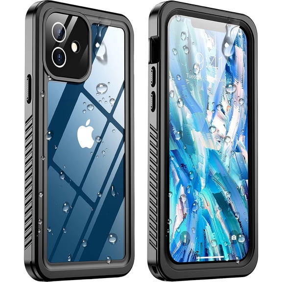 for iPhone 12 Case Waterproof, [Built-in Screen Protector][IP68 Underwater][13FT Military Dropproof][Dustproof][Real 360] Full Body Shockproof Protective Phone Case 6.1'' - Black/Clear