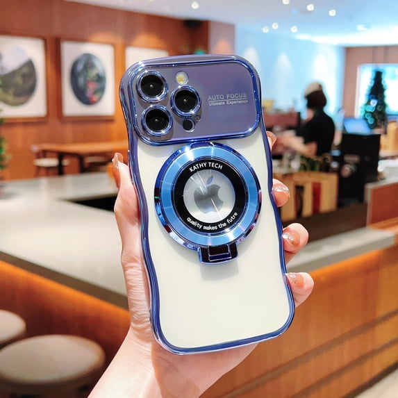 for iPhone 12 Case Wave Edge with Rotatable Ring Stand Compatible with MagSafe, Plating Clear Case with Camera Lens Protector Slim Phone Case for Women Girls For iPhone 12, Blue