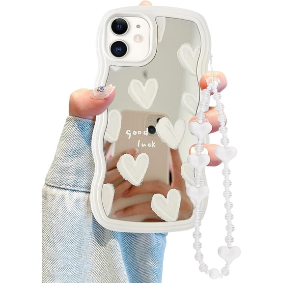 for iPhone 12 Case with Wavy Edge, Cute White Heart Mirror Curly Wave Frame Shape Phone Cases, Shockproof Hard PC & Soft TPU Bumper Protection Cover for Women Girls with Bracelet Chain