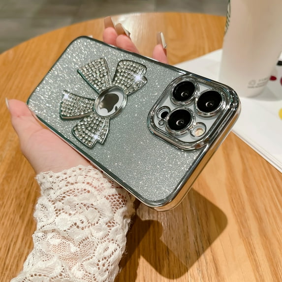 for iPhone 12 Case Women Cute Bowknot Glitter Rhinestone Bling Plating Bumper Luxury Women Girl Phone Case,Shine Diamond Case for iPhone 12 Protective Cover,Gradient Silver