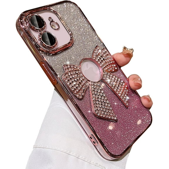 for iPhone 12 Case Women Cute Bowknot Glitter Rhinestone Bling Plating Luxury Women Girl Phone Case,Shine Diamond Case for iPhone 12 Protective Cover,Clear Gradient Pink